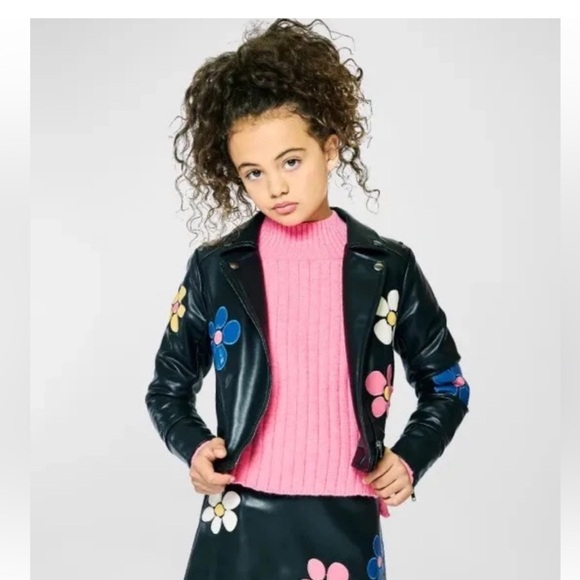 Hannah Banana vegan leather floral motorcycle jacket size 7 kids - Picture 1 of 9